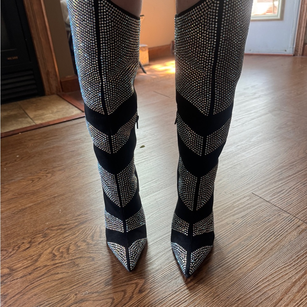 Shoe Dazzle Black and Silver Over the Knee Boots w Stiletto Heel